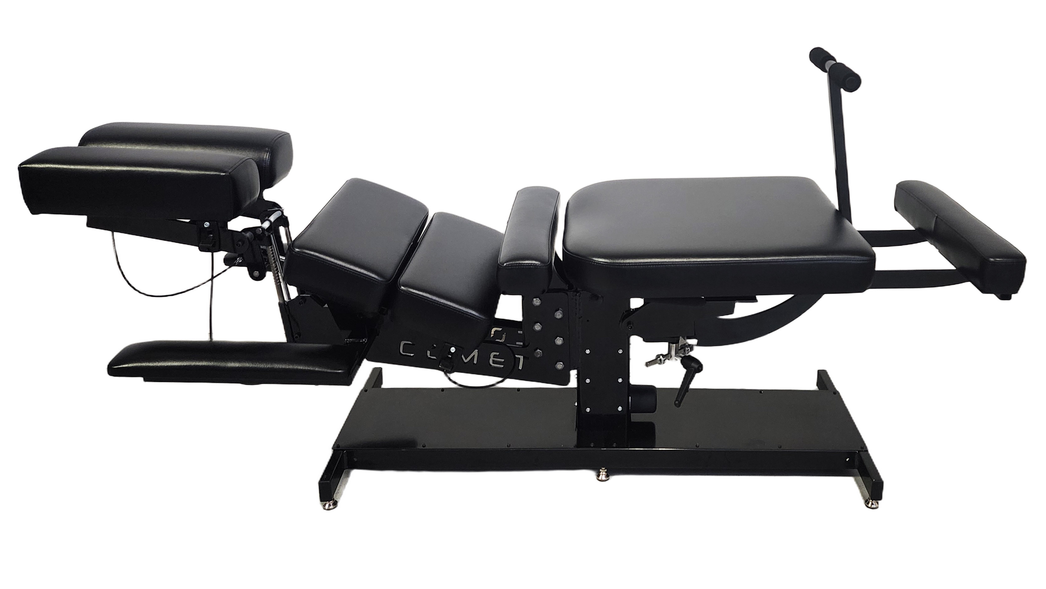 Comet Chiropractic Table with Elevation, Pelvic Drop, Lateral Flexion, Head Tilt/Elevation, and Thoracic Breakaway in the color Black with Black Base.