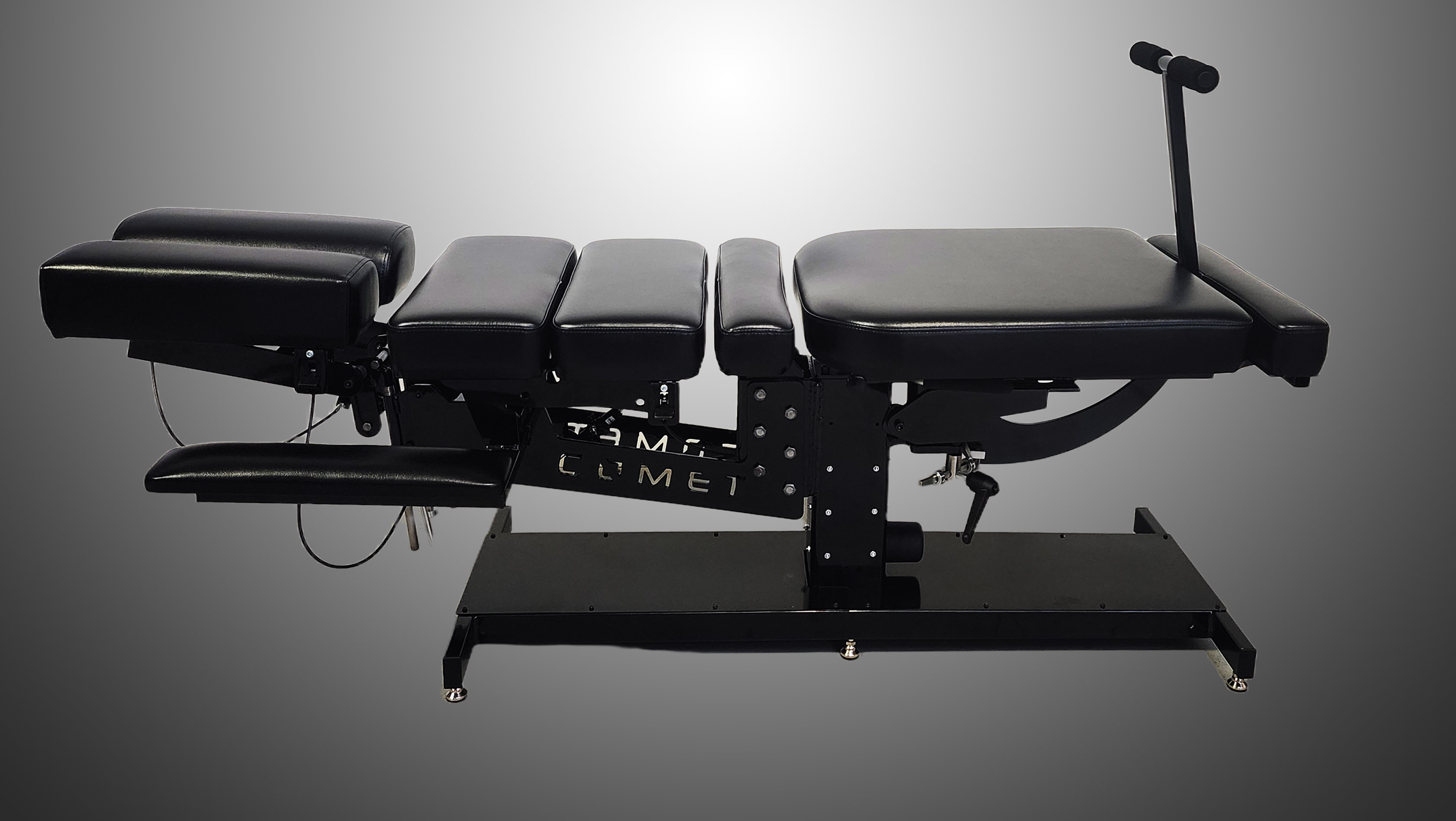 Comet Chiropractic Table with Elevation, Pelvic Drop, Lateral Flexion, Head Tilt/Elevation, and Thoracic Breakaway in the color Black with Black Base.
