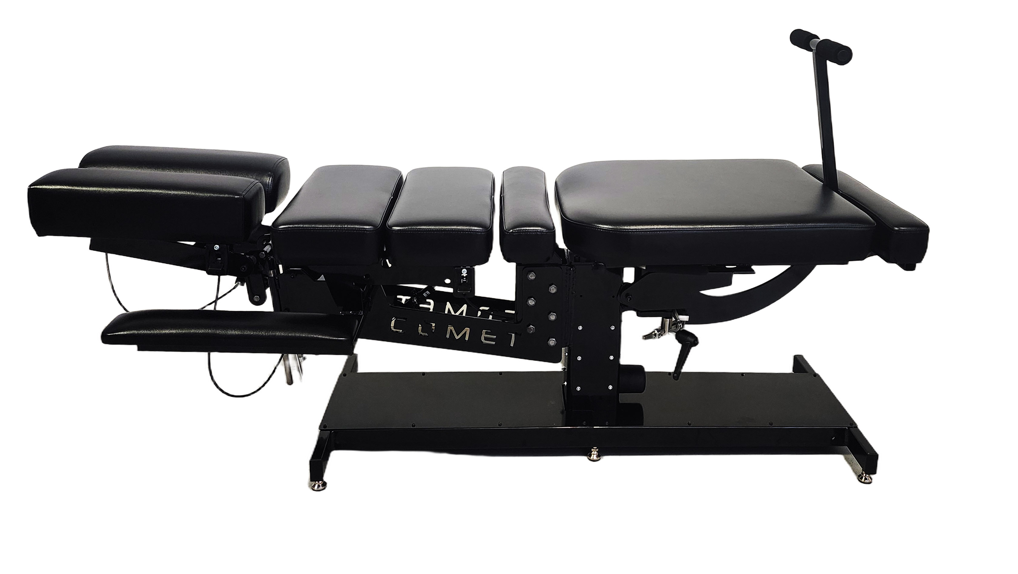 Comet Chiropractic Table with Elevation, Pelvic Drop, Lateral Flexion, Head Tilt/Elevation, and Thoracic Breakaway in the color Black with Black Base.